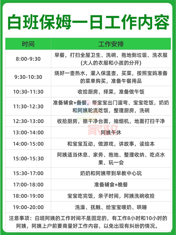 白班保姆阿姨一日工作內容表，打印照著做就可以了